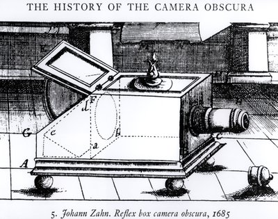 Reflexní box camera obscura od Johanna Zahna, 1685, z Historie Camera Obscura od English School