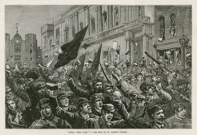 Nepokoje ve West Endu v Londýně, 8. února 1886: Tady oni přicházejí! - Dav v St Jamess Street v Londýně od English School