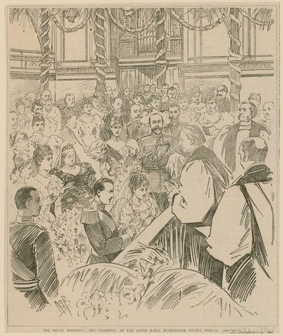 Královská svatba, obřad u oltářních zábradlí, kaple Buckinghamského paláce, 23. července 1896 od English School