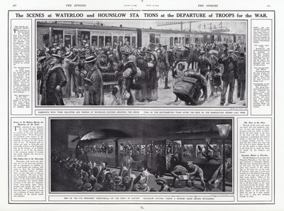 Scény na nádražích Waterloo a Hounslow při odchodu vojsk do války, první světová válka, srpen 1914 od English School