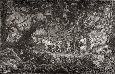 Průzkumníci z expedice sira Henryho Mortona Stanleyho Emin Paša v Africe v roce 1888 objevili Pygmeje, kteří odnášeli bednu s municí, vydáno 1890. od English School