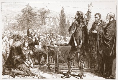 Přísaha a upisování Národní smlouvy v Greyfriars Churchyard, Edinburgh, ilustrace z Historie protestantismu od Jamese Aitkena Wylie (1808-1890), pub. 1878 od English School