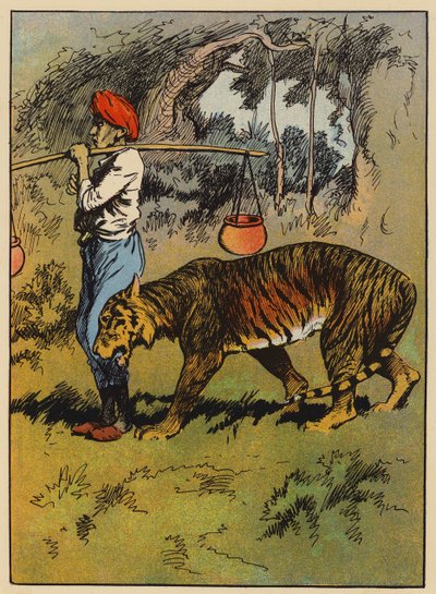Tygr se otírá o mužovu nohu (barva litho) od English School