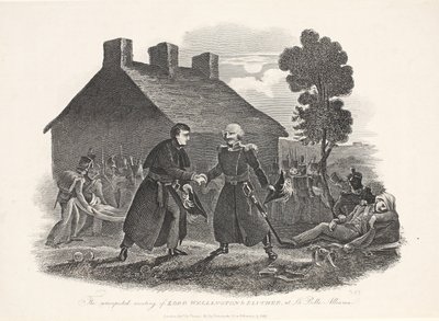 Nečekané setkání lorda Wellingtona a Bluchera v hospodě La Belle Alliance. T Kelly, 1811 od English School