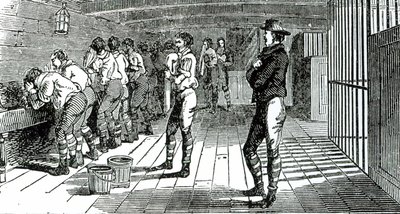 Umývárna v podpalubí – transport odsouzených odborářů do Austrálie, ilustrovaný v The Martyrs of Tolpuddle, publikovaném Trades Union Congress, 1834 od English School
