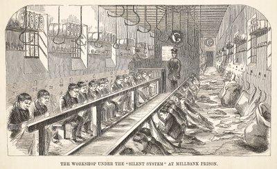 Dílna v rámci tichého systému ve věznici Millbank, ilustrace z knihy The Criminal Prisons of London and Scenes from Prison Life od Henryho Mayhewa a Johna Binnyho, vyd. 1862 od English School