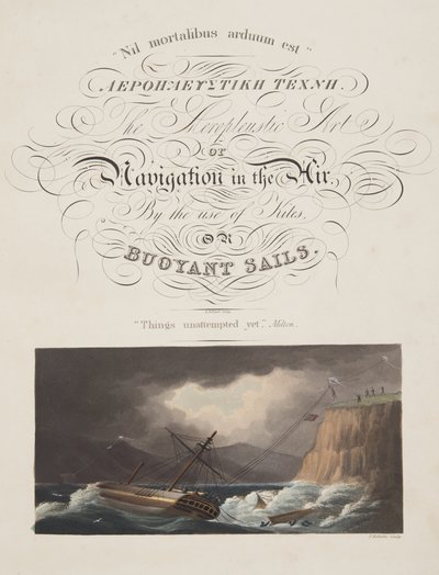 „Dosud se o věci pokusilo“, Milton, frontispis z „Aeropleustic Art, or Navigation in the Air, by Use of Kites, or Buoyant Sails, pub. 1827 (ručně kolorovaná akvatinta) od English School