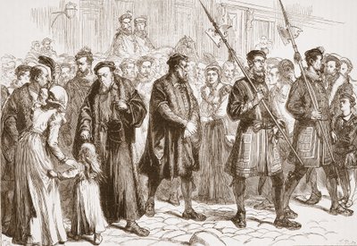 Thomas Bilney na cestě ke kůlu, ilustrace z „Dějin protestantismu“ od Jamese Aitkena Wylie (1808-1890), hospoda. 1878 (rytina) od English School