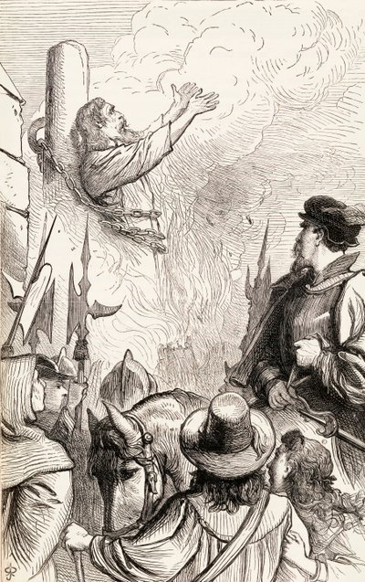 Thomas Hawkes upálen na hranici během mariánských perzekucí, kolem roku 1865 (dřevoryt) od English School