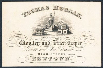 Thomas Morgan, soukeník vlny a lnu, obchodník s potravinami a čaj, obchodní karta od English School