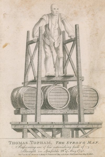 Thomas Topham, silný muž, předvádějící jeden ze svých úžasných výkonů síly ve Spitalfields, 28. května 1741 od English School