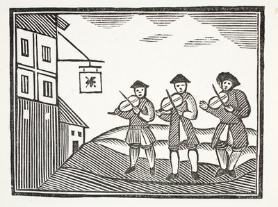 Tři fidleri v Thames Street, kteří si ráno zahráli ženicha, který jim nedal nic pít, ilustrace z Chap-books of the Eighteenth Century od Johna Ashtona, hospoda. 1882 od English School