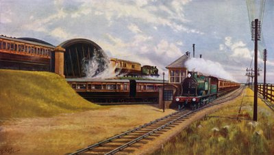 Tři expresní vlaky London a South Western Railway v Battledown Junction, Hampshire (barevné lito) od English School