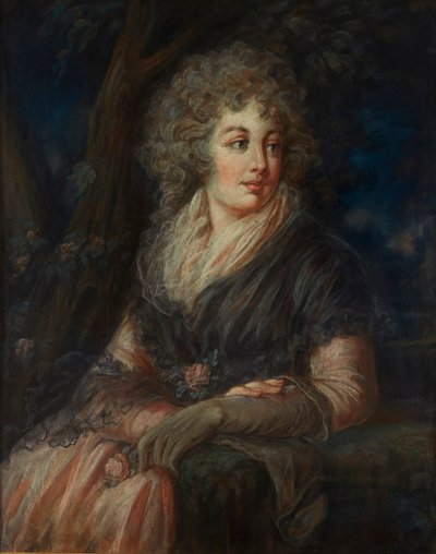 Tříčtvrteční portrét dámy v šatech z osmnáctého století (pastel) od English School
