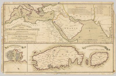 Tři tištěné barevné mapy: Fairburns New Chart ukazující cestu generála Bonaparta ve Středozemním moři, 1798 od English School