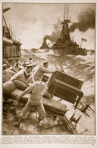 Házení všech hořlavých předmětů přes palubu při povolování bitevní lodi do akce, 1914-19 od English School