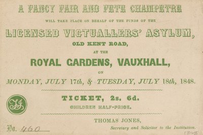 Vstupenka na A Fancy Fair a Fete Champetre v Royal Gardens, Vauxhall, Londýn od English School