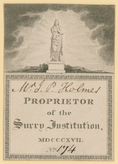 Vstupenka pro majitele Surrey Institution z roku 1817 od English School