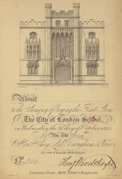 Vstupenka na položení prvního kamene City of London School, 21. října 1835 od English School