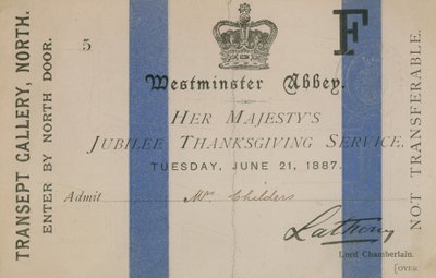 Vstupenka na jubilejní díkůvzdání Jejího Veličenstva od English School