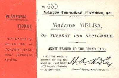 Vstupenka k poslechu Nellie Melba na mezinárodní výstavě v Glasgow, 1901 (tisk) od English School