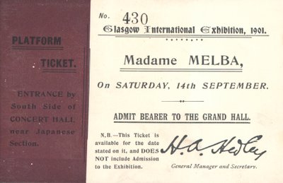 Vstupenka k poslechu Nellie Melba na mezinárodní výstavě v Glasgow, 1901 (tisk) od English School