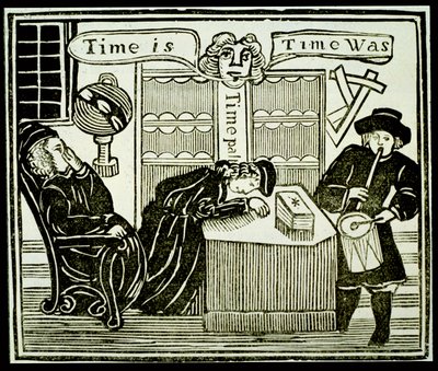 Čas je, čas byl, kopie ilustrace z Dějin učeného mnicha Bacona použité ve sbírce sešitů o esoterice. od English School