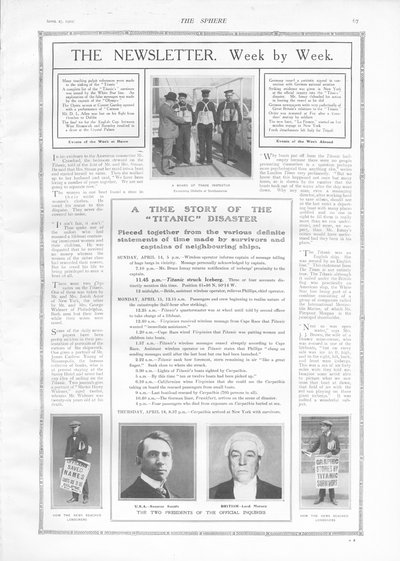 Časová osa událostí a článků o potopení Titaniku, z The Sphere, 27. dubna 1912 od English School