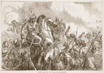 Tippoo Sahib u linek Travancore, ilustrace z Cassells Illustrated History of India od Jamese Granta, hospoda. 1879 od English School