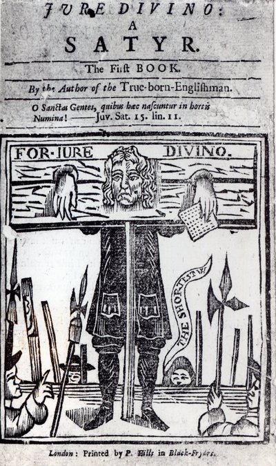 Titulní strana první knihy Jure Divino - Satyr od Daniela Defoea (1660-1731) vydané v roce 1706 od English School