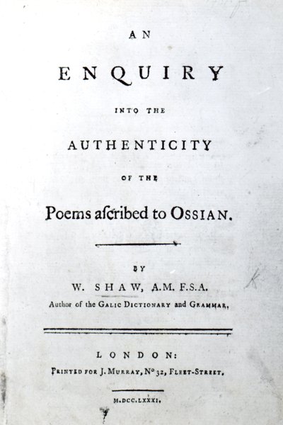 Titulní strana pro dotaz na pravost básní připisovaných Ossianovi Williamem Shawem, vydaná 1781 (tištěný papír) od English School