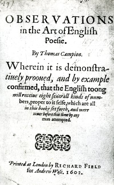 Titulní strana pro pozorování v umění anglické poesie od Thomase Campiona, vydaná 1602 (tištěný papír) od English School
