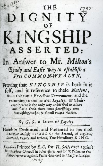 Titulní strana knihy Důstojnost královského impéria prosazovaná GS a milovníkem loajality, vydaná 1660 (tištěný papír) od English School