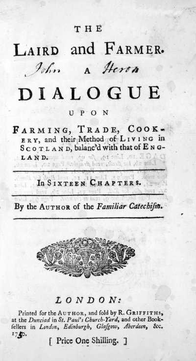 Titulní strana knihy Laird a farmář od autora známého katechismu, vydaného 1750 od English School