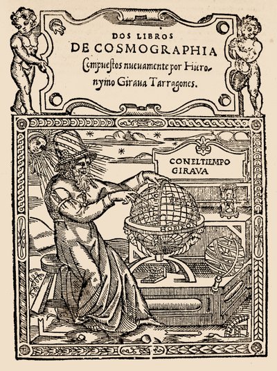 Titulní strana pro dvě knihy kosmografie od Hieronyma Girana Tarragonese, z Narativní a kritické historie Ameriky, editoval Justin Winsor, Londýn, 1886 (dřevotisk) od English School