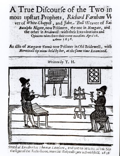 Titulní strana Pravdivý diskurz dvou neslavných proroků, Richard Farnham, Weaver, z White-Capel, a John Bull, Weaver, ze Saint Botolphs, Algate od TH 1636 od English School