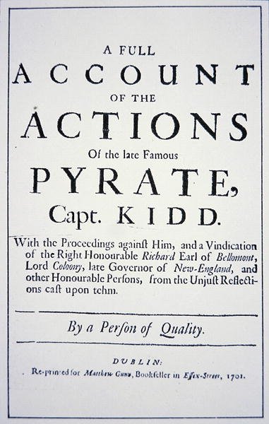 Titulní strana Života pirátského kapitána Williama Kidda, vydaná v Londýně v roce 1701 (litho) od English School