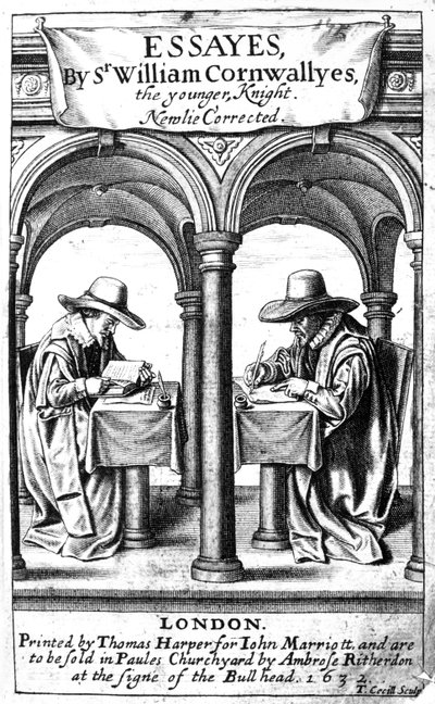 Titulní strana k esejům sira Williama Cornwallise, tisk vytvořil Thomas Cecill, vydáno 1632 od English School