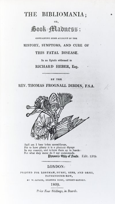 Titulní strana knihy The Bibliomania od reverenda Thomase Frognalla Dibdina, vydaná v roce 1809 (tištěný papír) od English School
