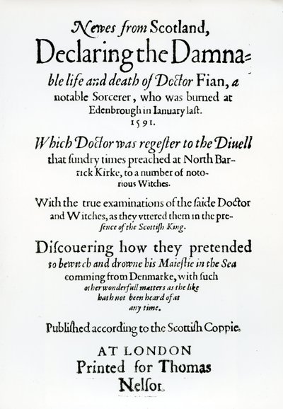 Titulní strana Novinky ze Skotska, deklarující zatracený život a smrt doktora Fiana, 1591 od English School