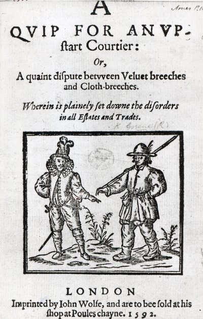 Titulní strana knihy A Quip for an Upstart Courtier (Vtípek pro vzpurného dvořana), Robert Greene, 1592 od English School