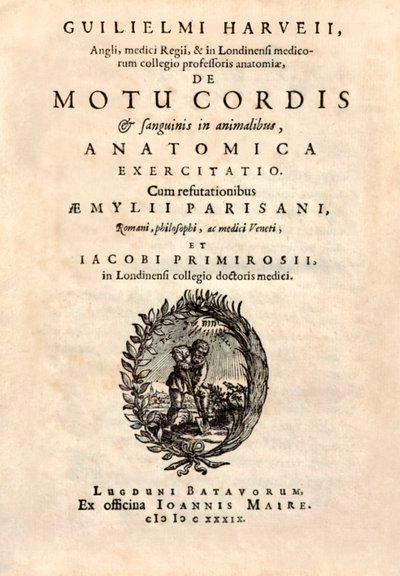 Titulní strana z knihy "De Motu Cordis set Sanguinis in Animalibus" (O pohybu srdce a krve u živých bytostí) od Williama Harveyho (1578-1657) vydané v roce 1628. od English School