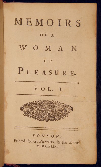 Titulní strana knihy „Memoirs of a Woman of Pleasure“ od Johna Clelanda od English School