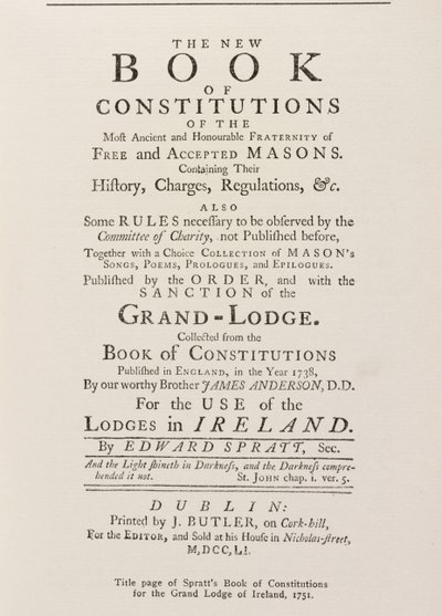 Titulní strana Spratts Book of Constitutions pro Grand Lodge v Irsku, 1751 od English School