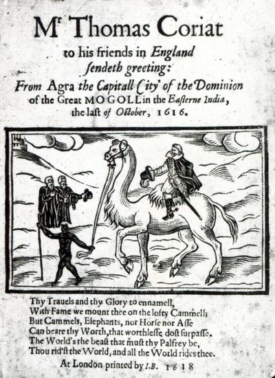 Titulní strana Thomase Coryatse posmrtně vytištěná zpráva o jeho cestách v Indii, publikovaná v Londýně, 1618 (tištěný papír a dřevoryt) od English School
