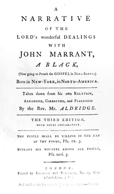 Titulní strana knihy A Vyprávění o podivuhodných jednáních lordů s Johnem Marrantem, Černým přepsal reverend William Aldridge, 1785 od English School