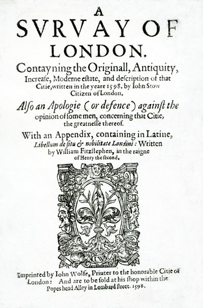 Titulní strana knihy A Survey of London od Johna Stow, publikovaná v roce 1598 (tištěný papír) od English School