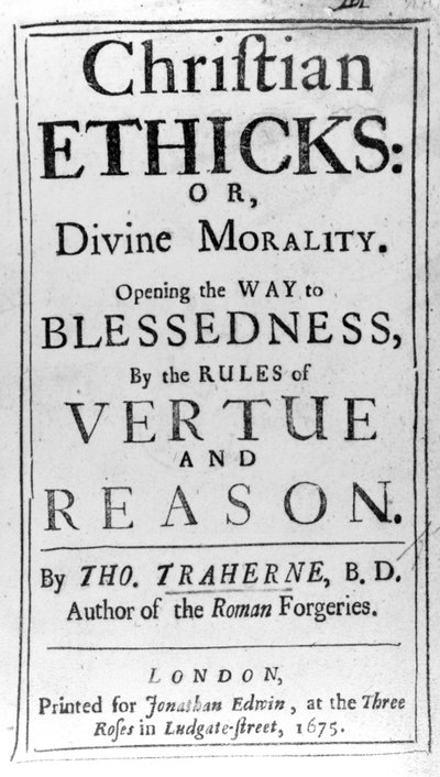 Titulní list knihy Christian Ethicks od Thomase Trahernea, vydané v roce 1675 od English School