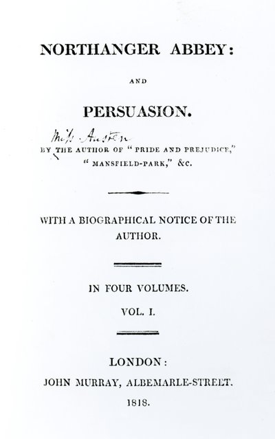 Titulní strana k Northanger Abbey and Persuasion od Jane Austenové, první vydání, 1818 od English School