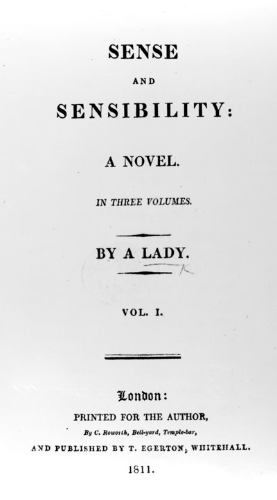 Titulní strana knihy Sense and Sensibility od Jane Austenové, první vydání, 1811 od English School